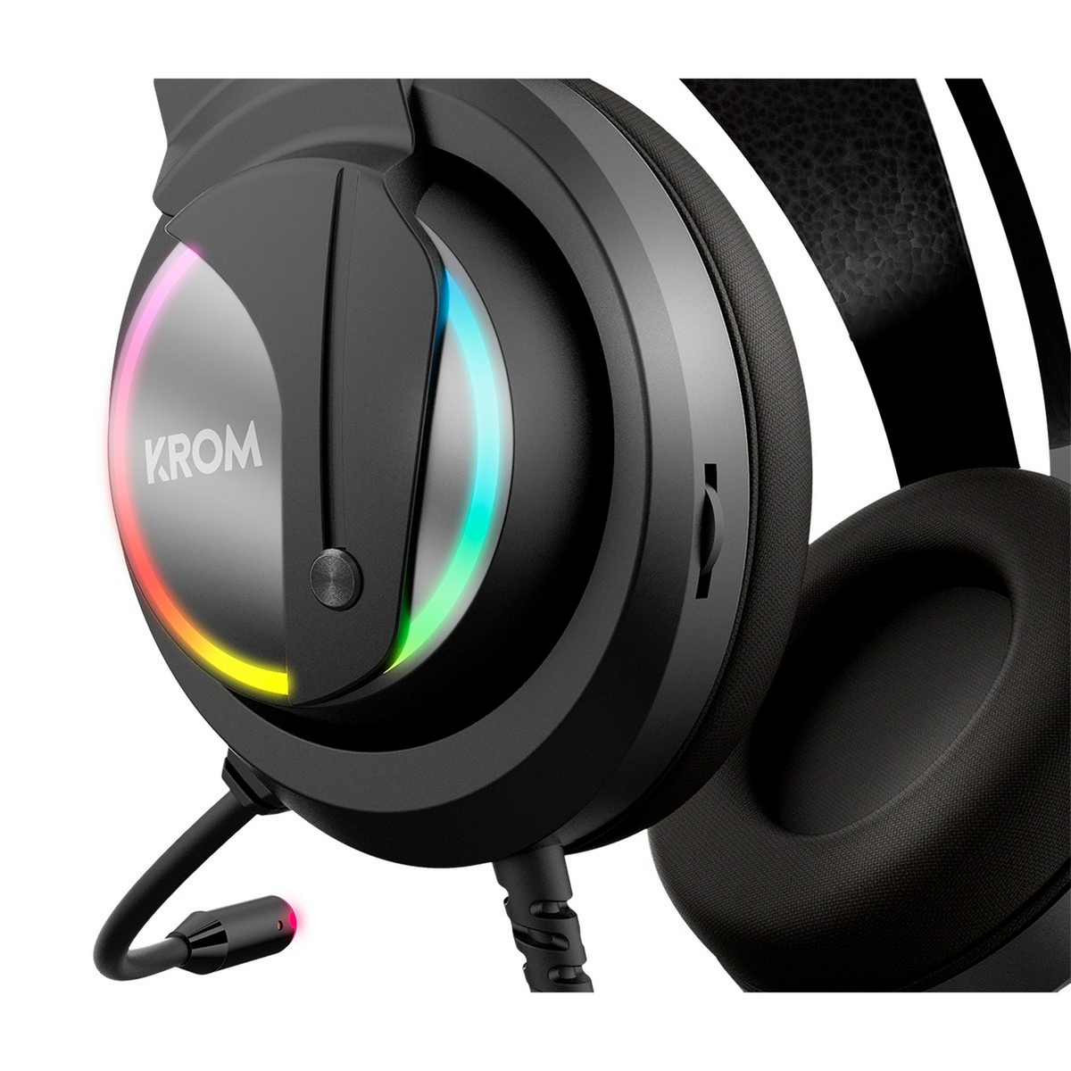 Schwarzes KROM Gaming-Headset mit RGB-Beleuchtung an den Ohrmuscheln und flexiblem Mikrofon.