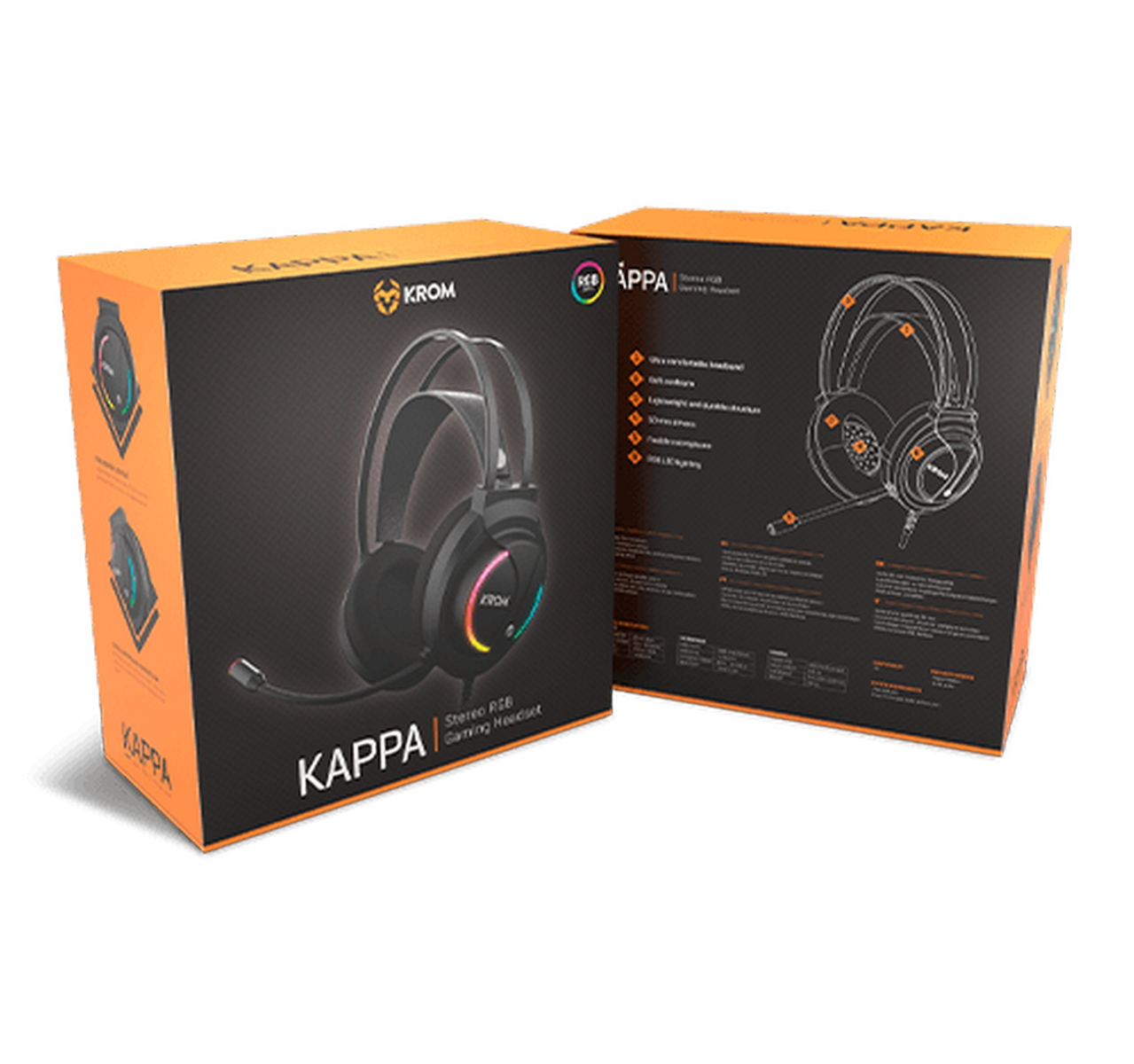 Zwei Kartons eines Gaming-Headsets. Das Headset ist schwarz mit RGB-Beleuchtung. Die Marke ist KROM.