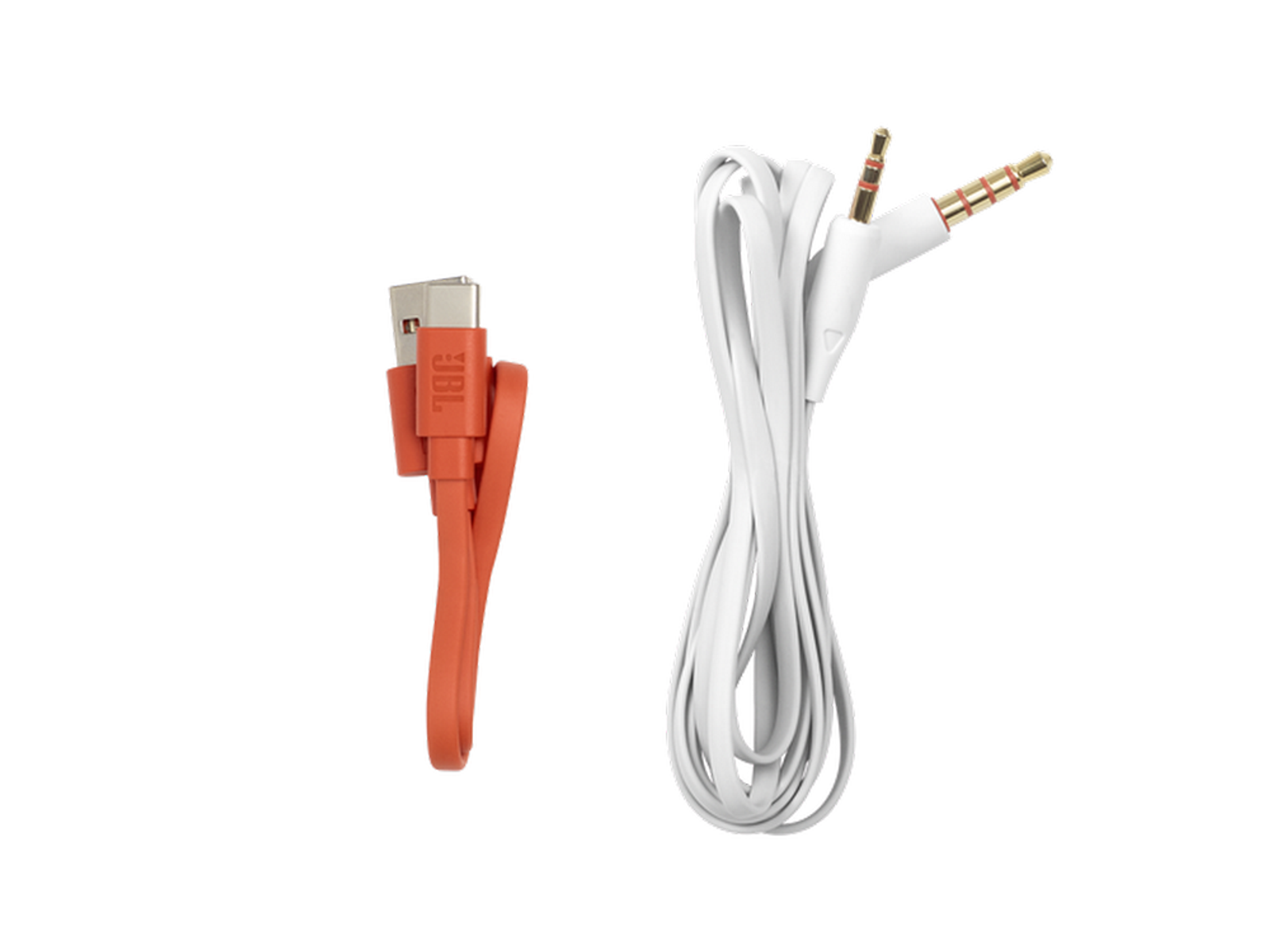 Oranges USB-zu-USB-C-Kabel und weißes Audiokabel mit Goldsteckern.