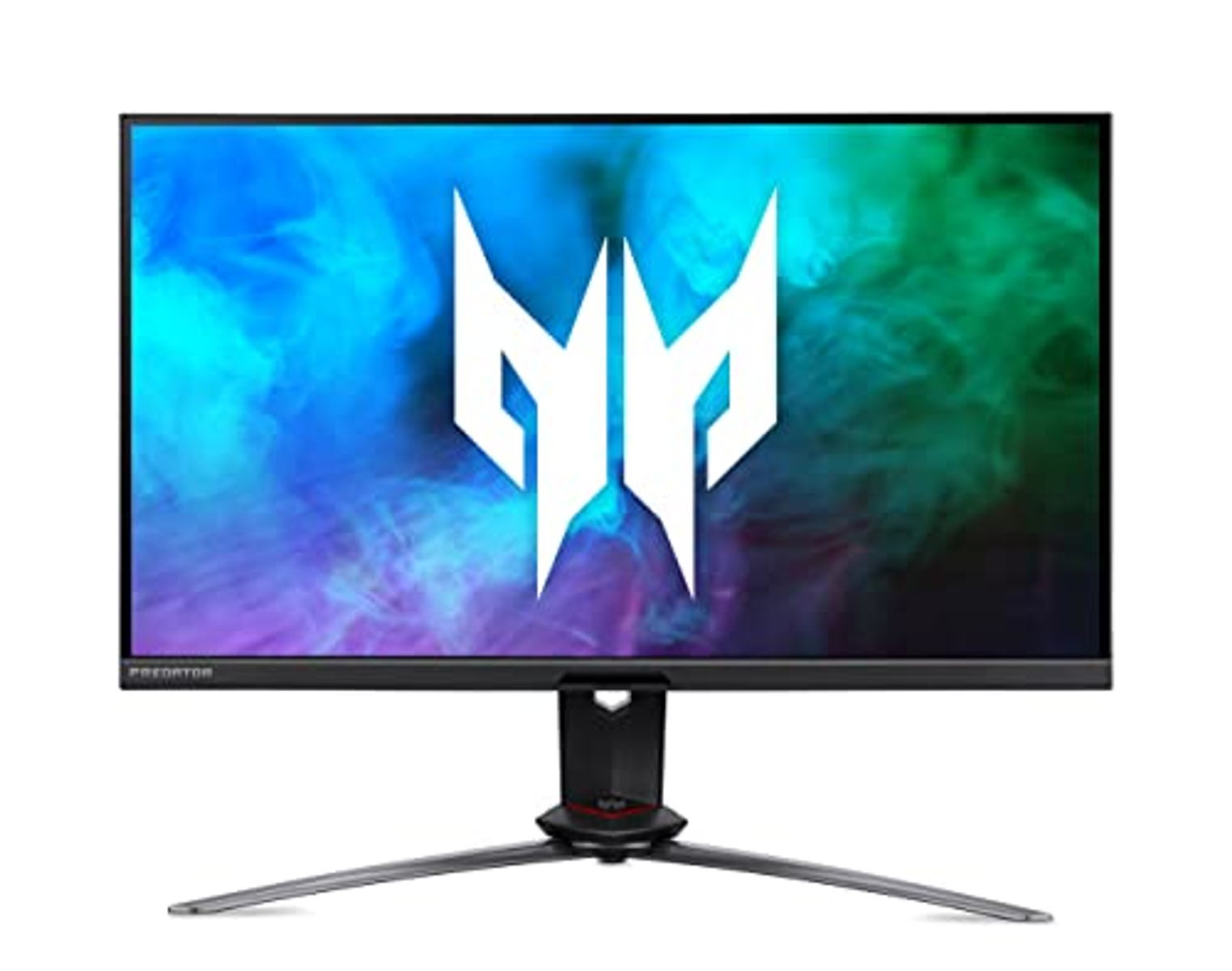 Schwarzer Predator-Gaming-Monitor mit weißem Logo auf buntem Hintergrund.