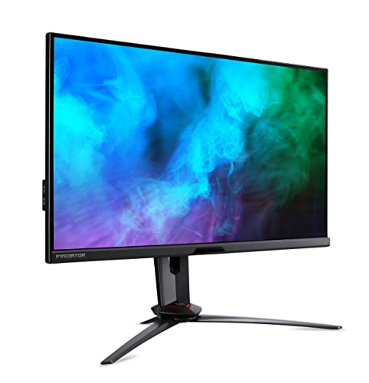 Schwarzer Gaming-Monitor. Display zeigt blaue, grüne Farben. Schwarzer Ständer mit rotem Detail.