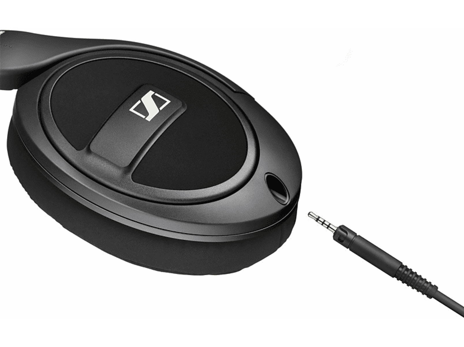 Czarny zestaw słuchawkowy z kablem i wtyczką, wtyczka ma zostać podłączona do zestawu słuchawkowego.