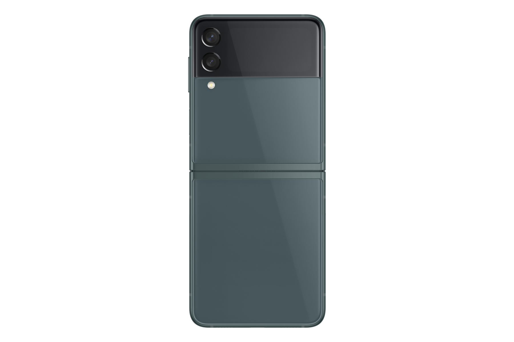 Składany ciemnozielony telefon, widok z tyłu. Dwa aparaty u góry, mniejszy ekran.