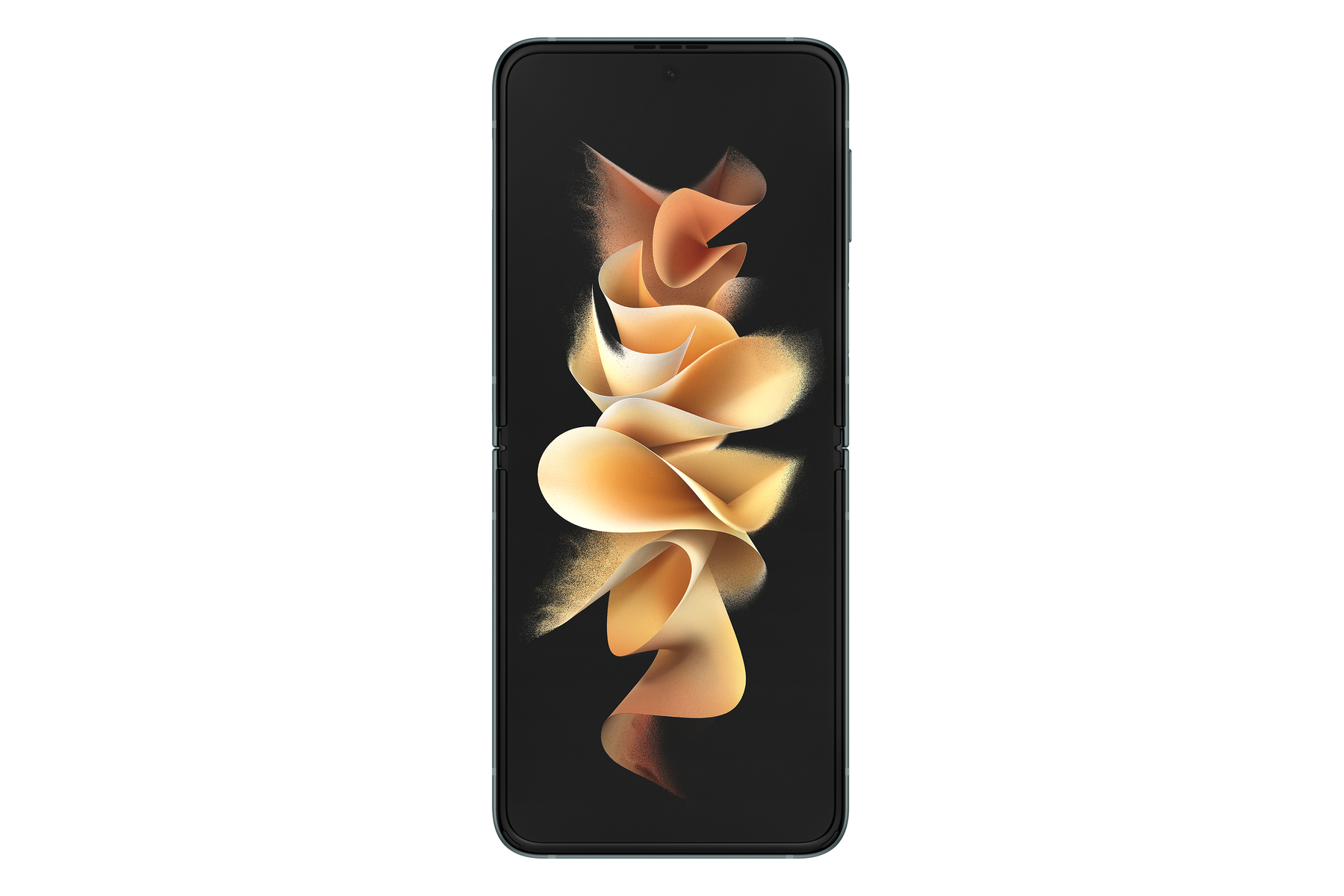 Czarny składany smartfon z pełnoekranowym wyświetlaczem pokazującym abstrakcyjny design.