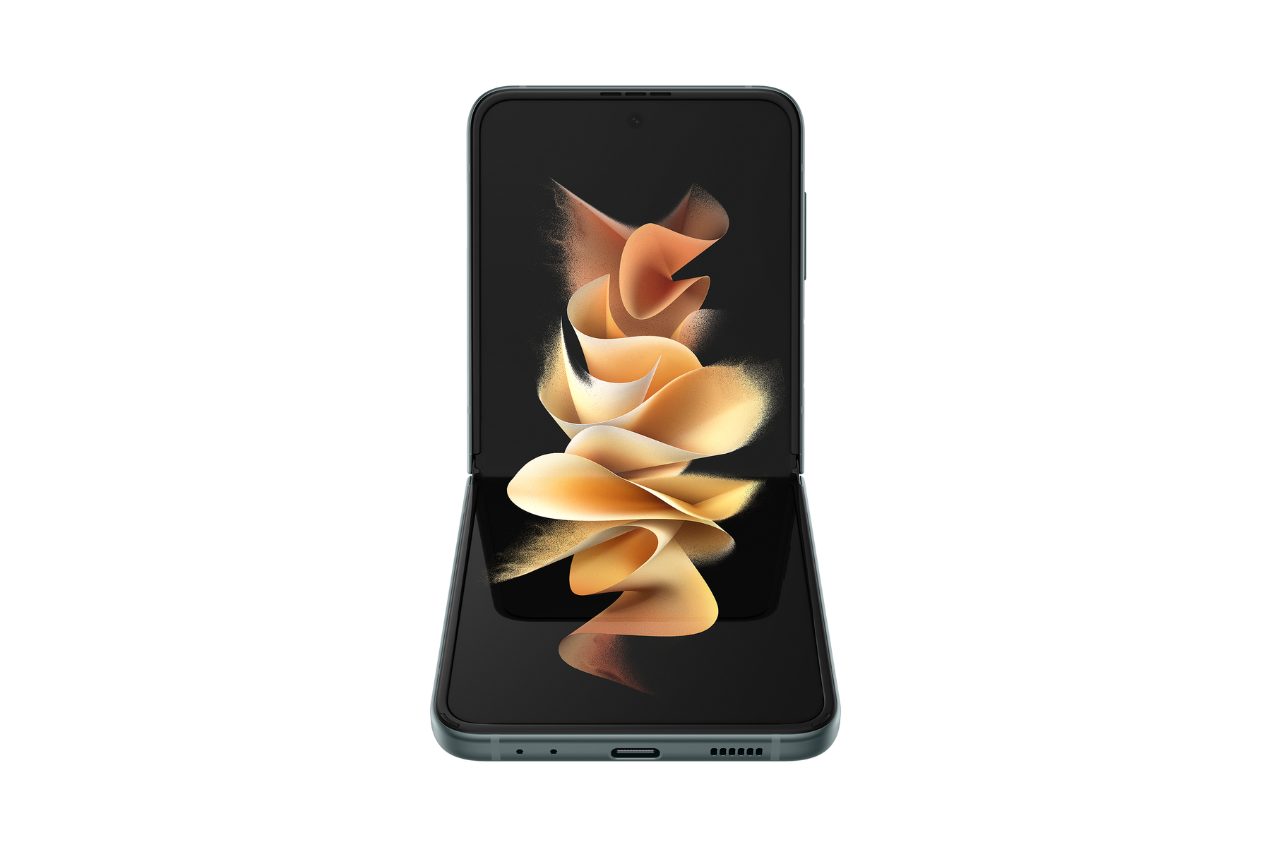 Czarny składany smartfon, otwarty, pokazujący kolorowy wzór na ekranie.