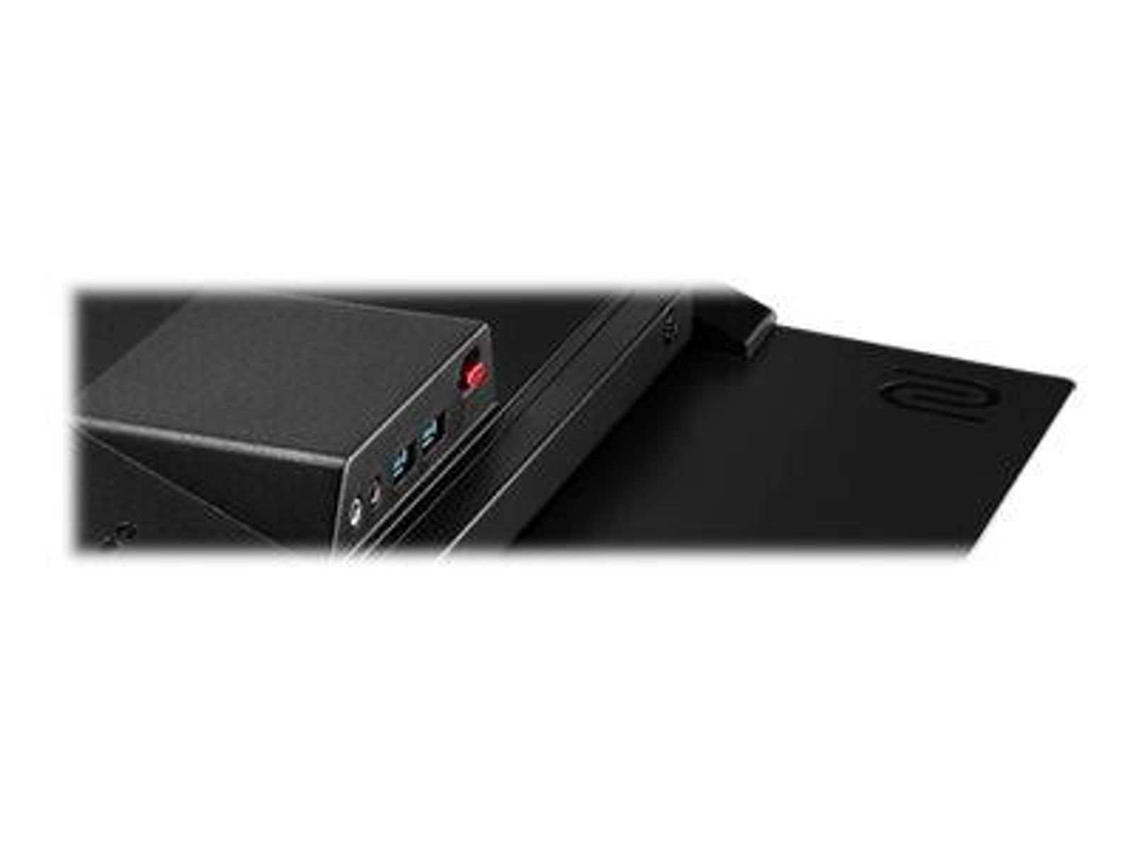 Close-up of a black device with ports and buttons. The device is against a white background.