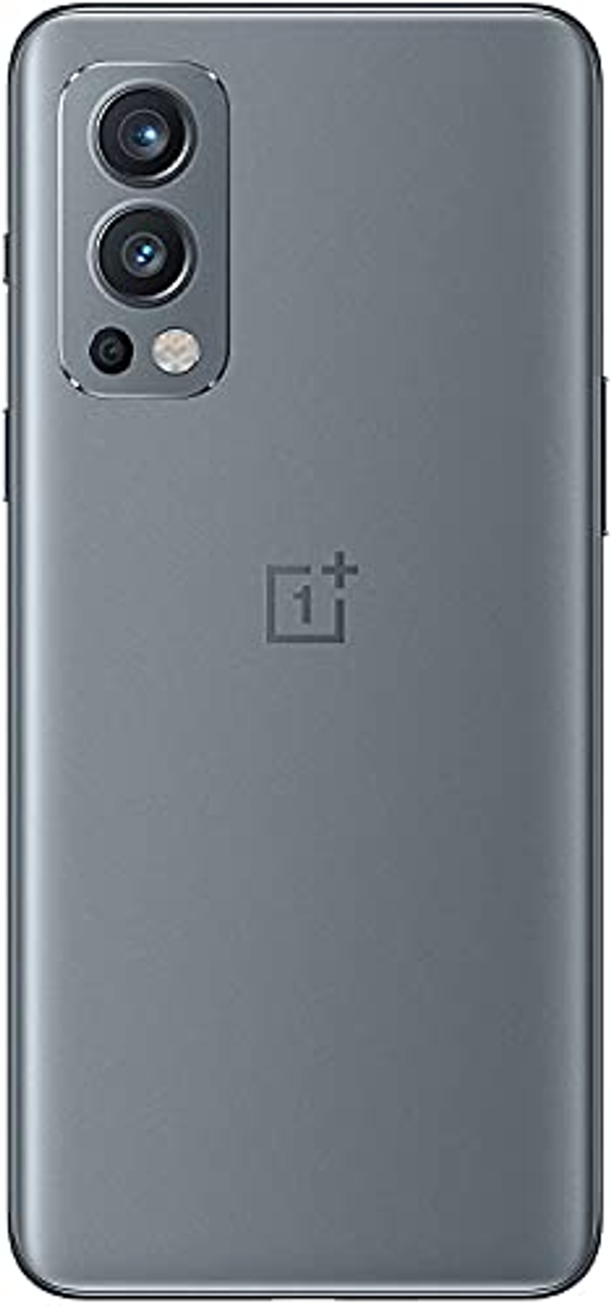 Grijze smartphone achterkant met drie camera's, een flitser en OnePlus logo. Telefoon gecentreerd op een witte achtergrond.