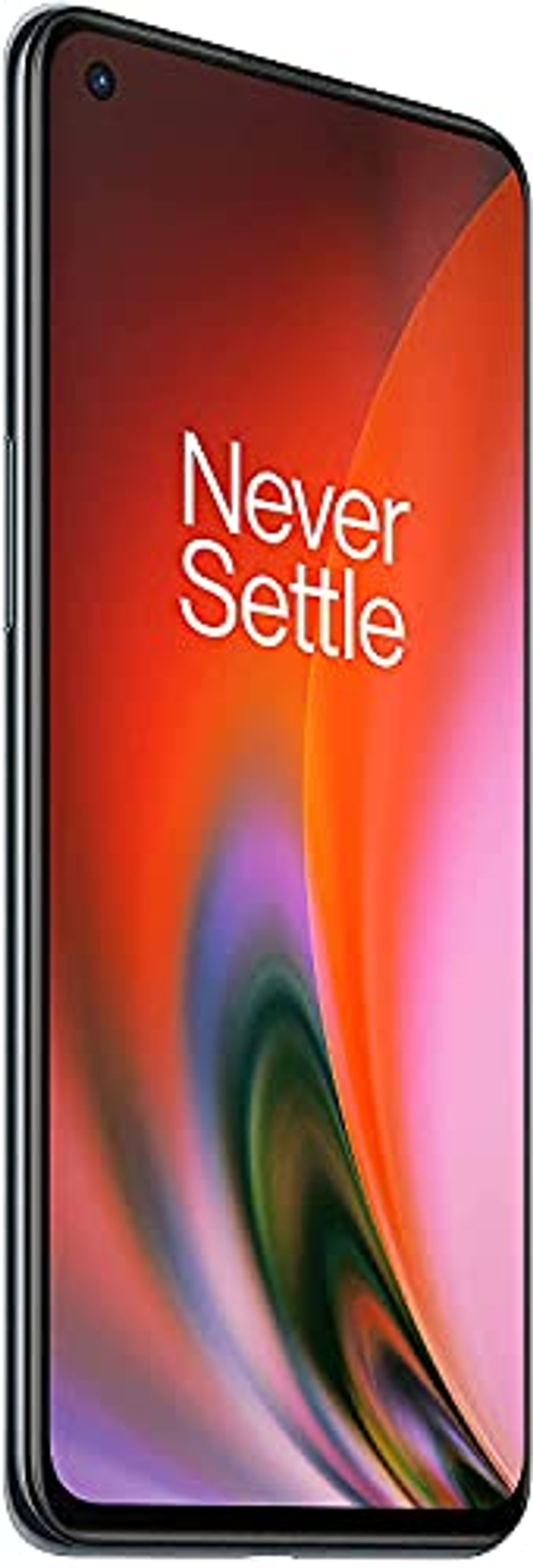 OnePlus telefoon met een rode en oranje gradiënt achtergrond en de tekst 'Never Settle'.
