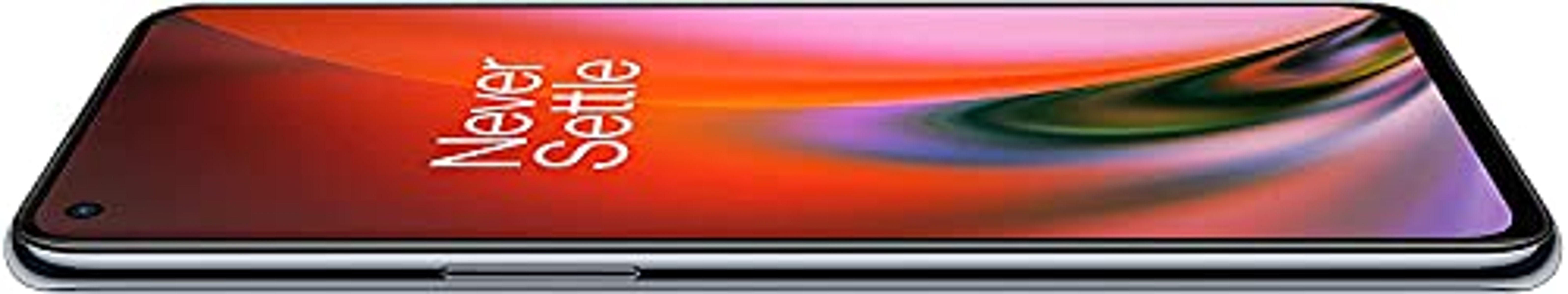 Zwarte smartphone met een kleurrijk display, rode en oranje verlopende kleuren, tekst "Never Settle".