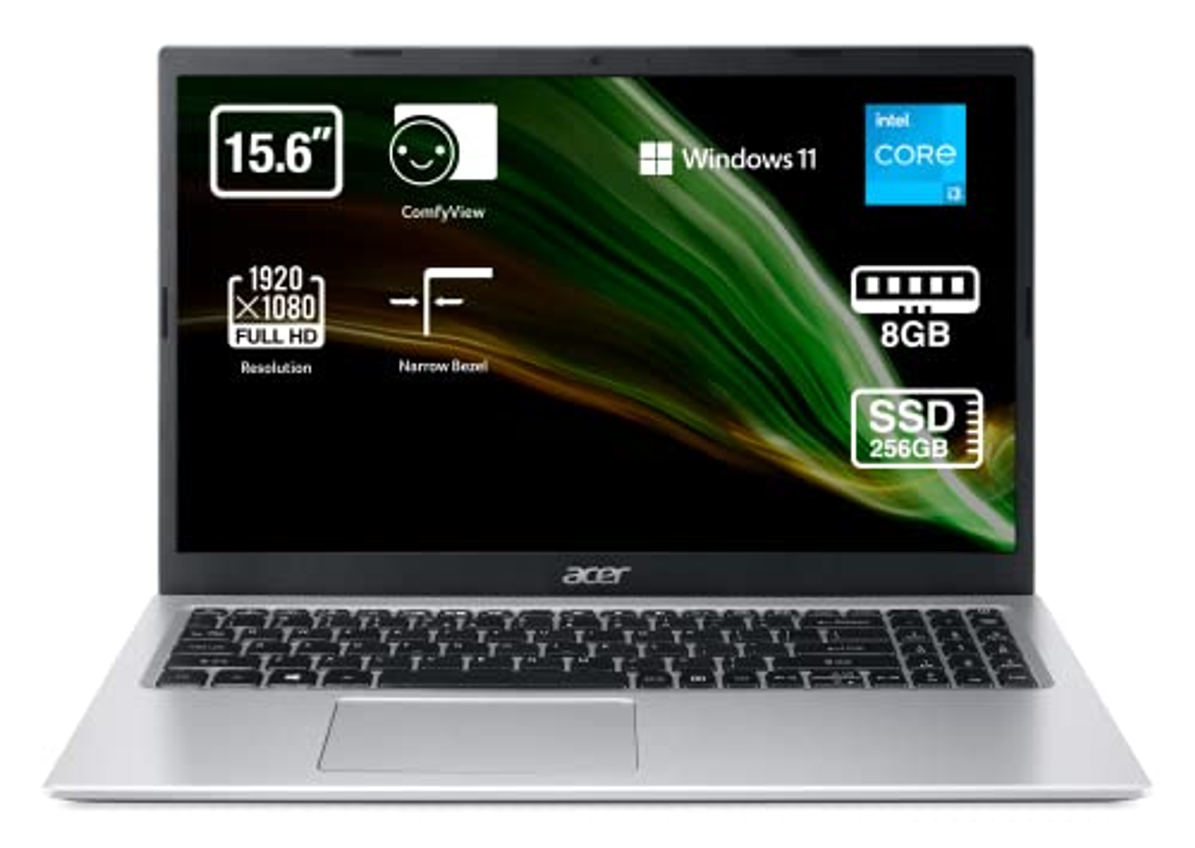 Portátil plateado con pantalla de especificaciones. Logotipo de Acer abajo. Marco negro.