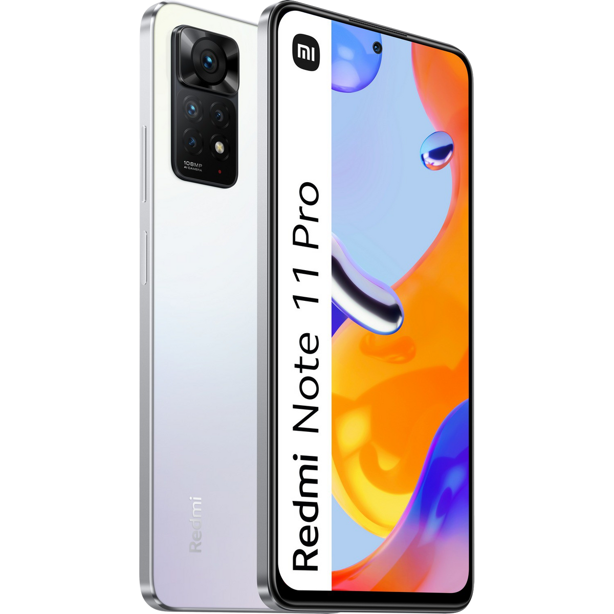 Telefon Redmi Note 11 Pro. Biały tył, czarny ekran i wyświetlana nazwa telefonu.