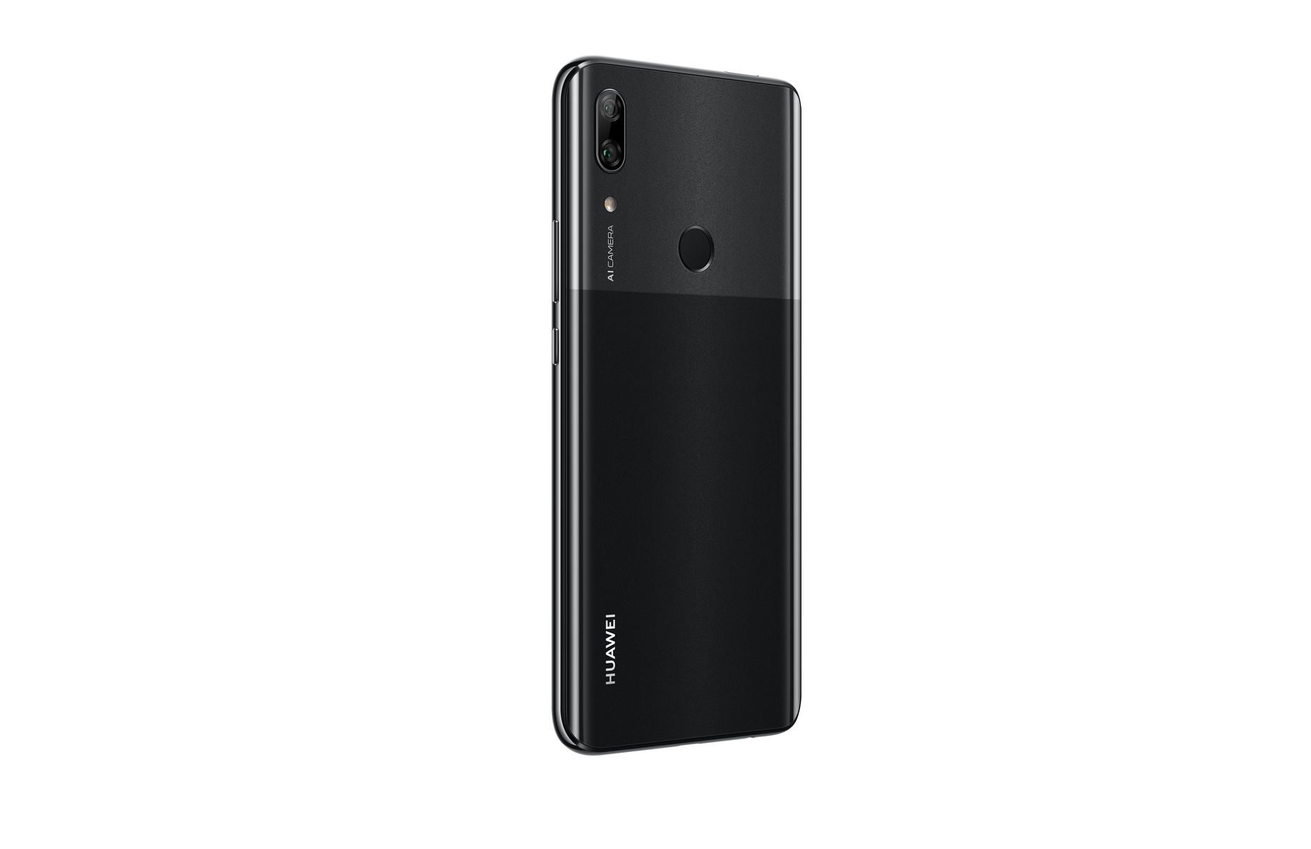 Schwarze Smartphone-Rückseite mit Kamera und Huawei-Logo. Zweifarbiges Design.