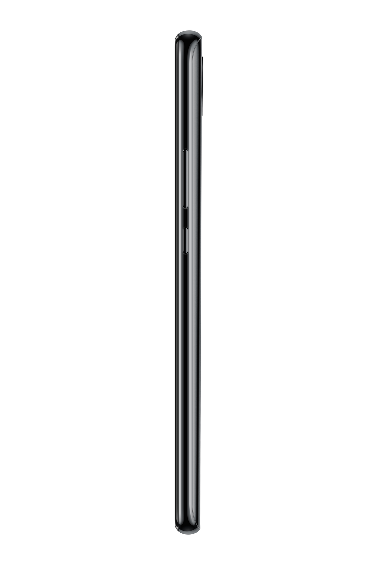 Die Seitenansicht eines schwarzen Telefons. Das Telefon hat Knöpfe an der Seite.