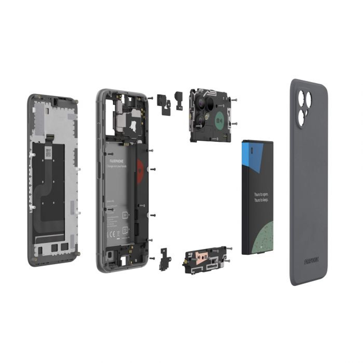 Zerlegte Smartphone-Komponenten. Die Teile des Telefons sind getrennt auf weißem Untergrund dargestellt.