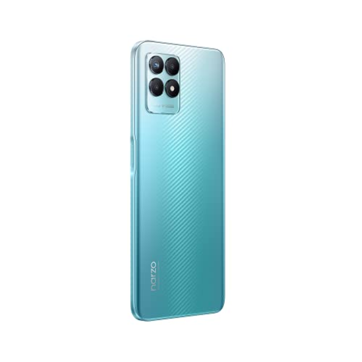 Telefono blu, vista posteriore. Quattro lenti della fotocamera e il logo 'narzo'.