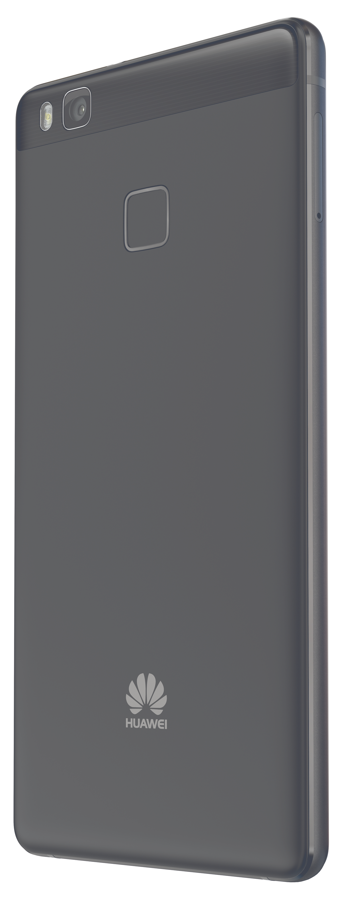 Ciemnoszary smartfon, widok z tyłu, pokazujący aparat i logo Huawei. Białe tło.