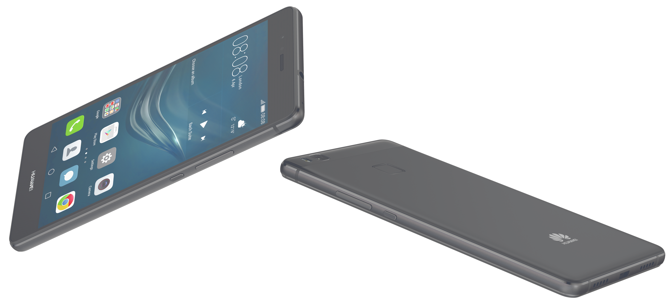 Dwa szare smartfony Huawei. Jeden pod kątem z włączonym ekranem; drugi płaski.