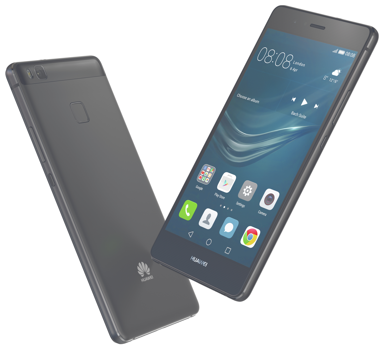 Dwa czarne smartfony. Ekrany pokazują ikony aplikacji i czas. Widoczny tył jednego telefonu.