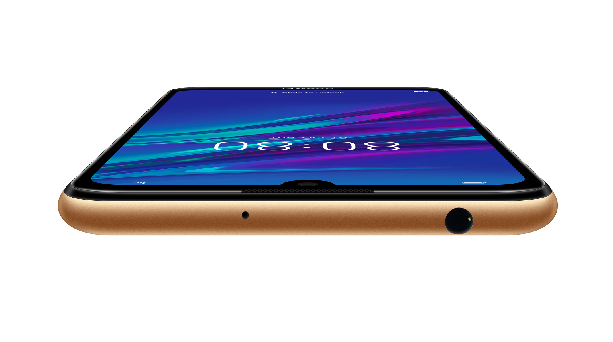 Złoty telefon, ekran wyświetla niebiesko-fioletowy wyświetlacz z godziną.