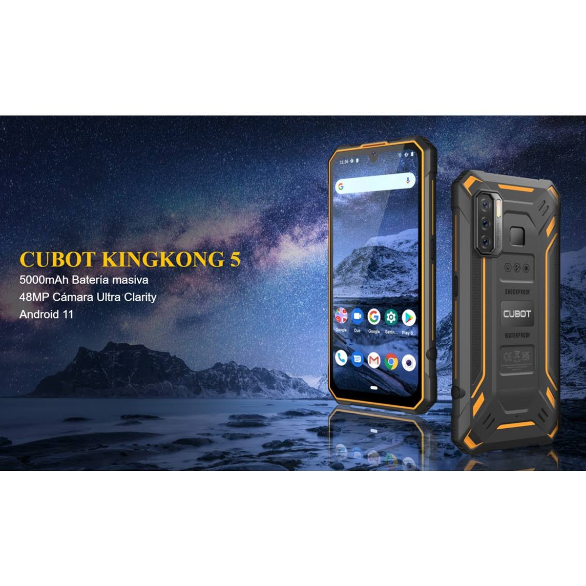 Wytrzymały telefon z ochronnym etui. Posiada konfigurację kamery i markę Cubot Kingkong 5.