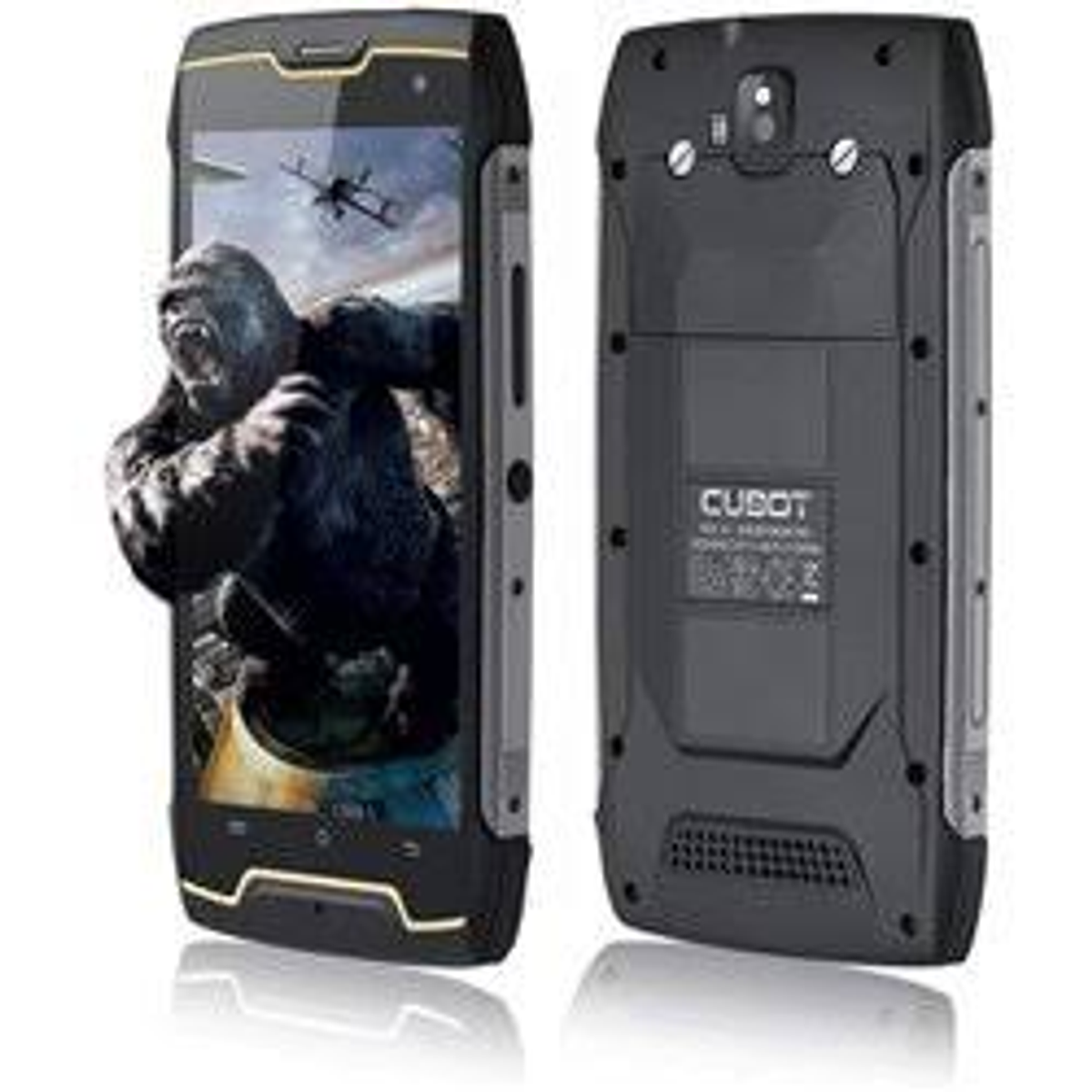 Czarny smartfon z obrazem goryla na ekranie, szare krawędzie. Tył pokazuje logo 'Cubot'. Wytrzymała konstrukcja.