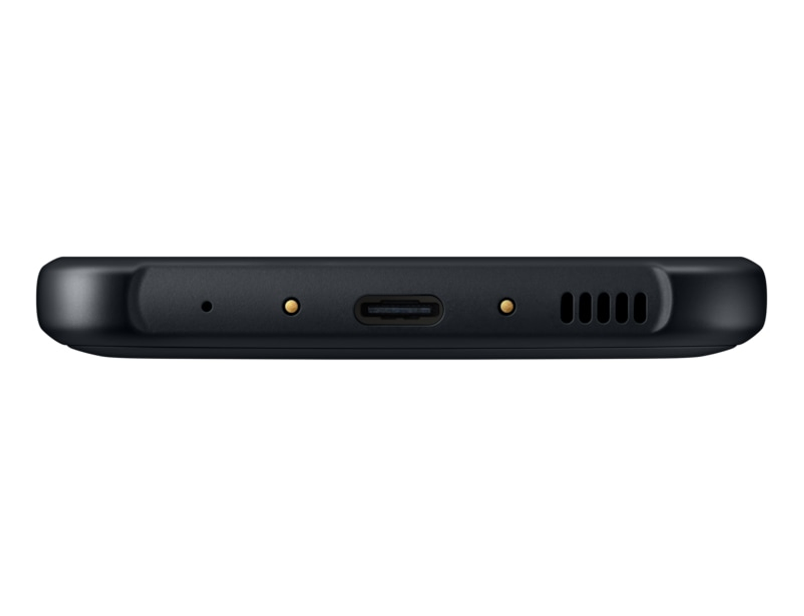 Vista inferior de un smartphone negro con puerto de carga, micrófono y orificios para altavoces.