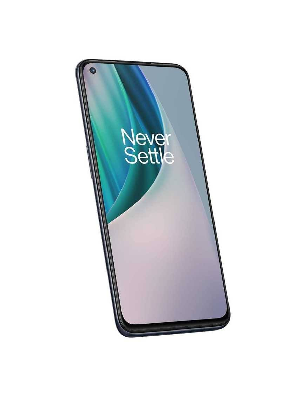 Pochylony smartfon wyświetla kolorowy ekran z napisem "Never Settle".
