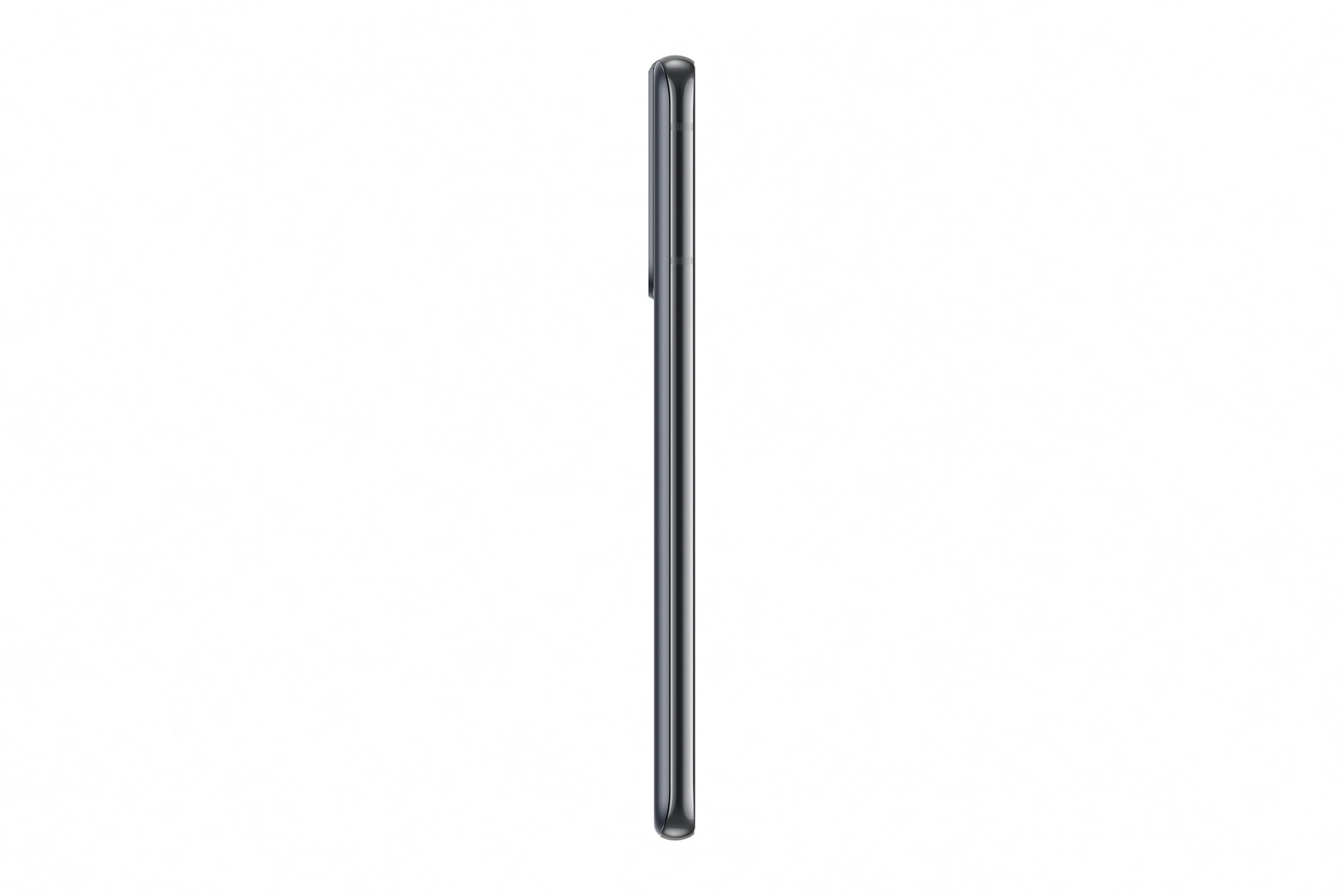 Seitenansicht eines schwarzen Smartphones auf weißem Hintergrund.