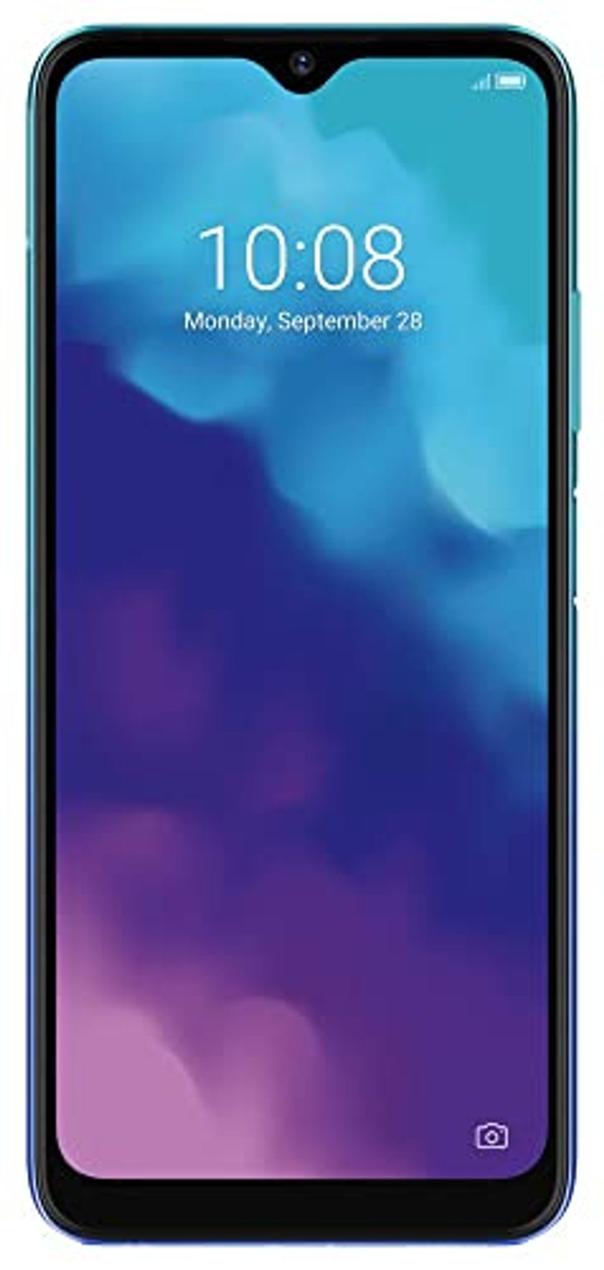 Un teléfono azul con una pantalla que muestra la hora. La pantalla tiene un fondo azul y morado.
