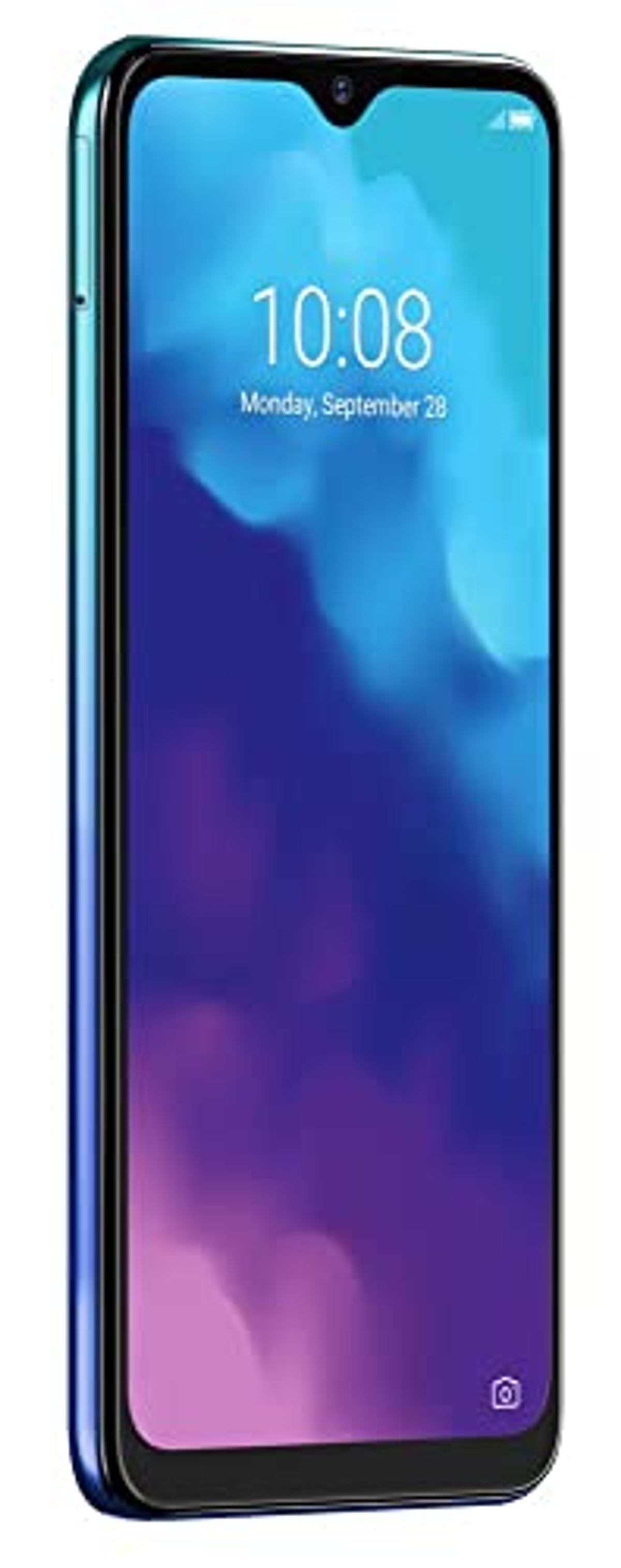 Smartphone negro, pantalla mostrando gradiente azul y morado. Se muestra la hora.