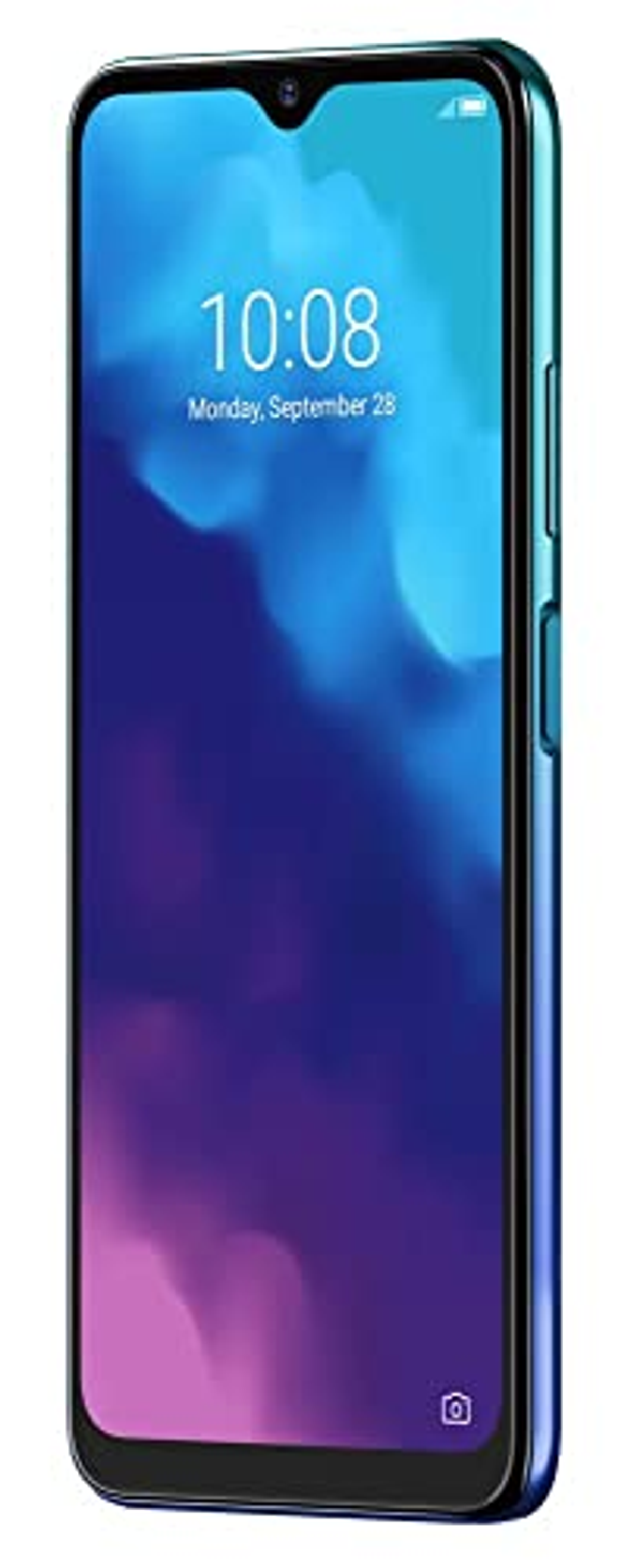 Un smartphone que muestra la hora y la fecha sobre un fondo azul y morado.