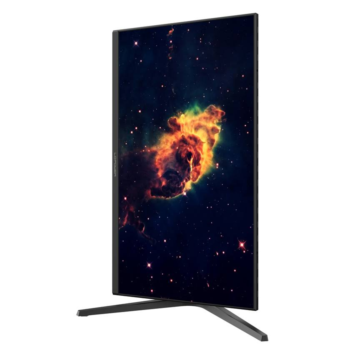 Ein Computermonitor, der einen bunten Nebel im Weltraum anzeigt. Der Monitor hat einen schwarzen Ständer.