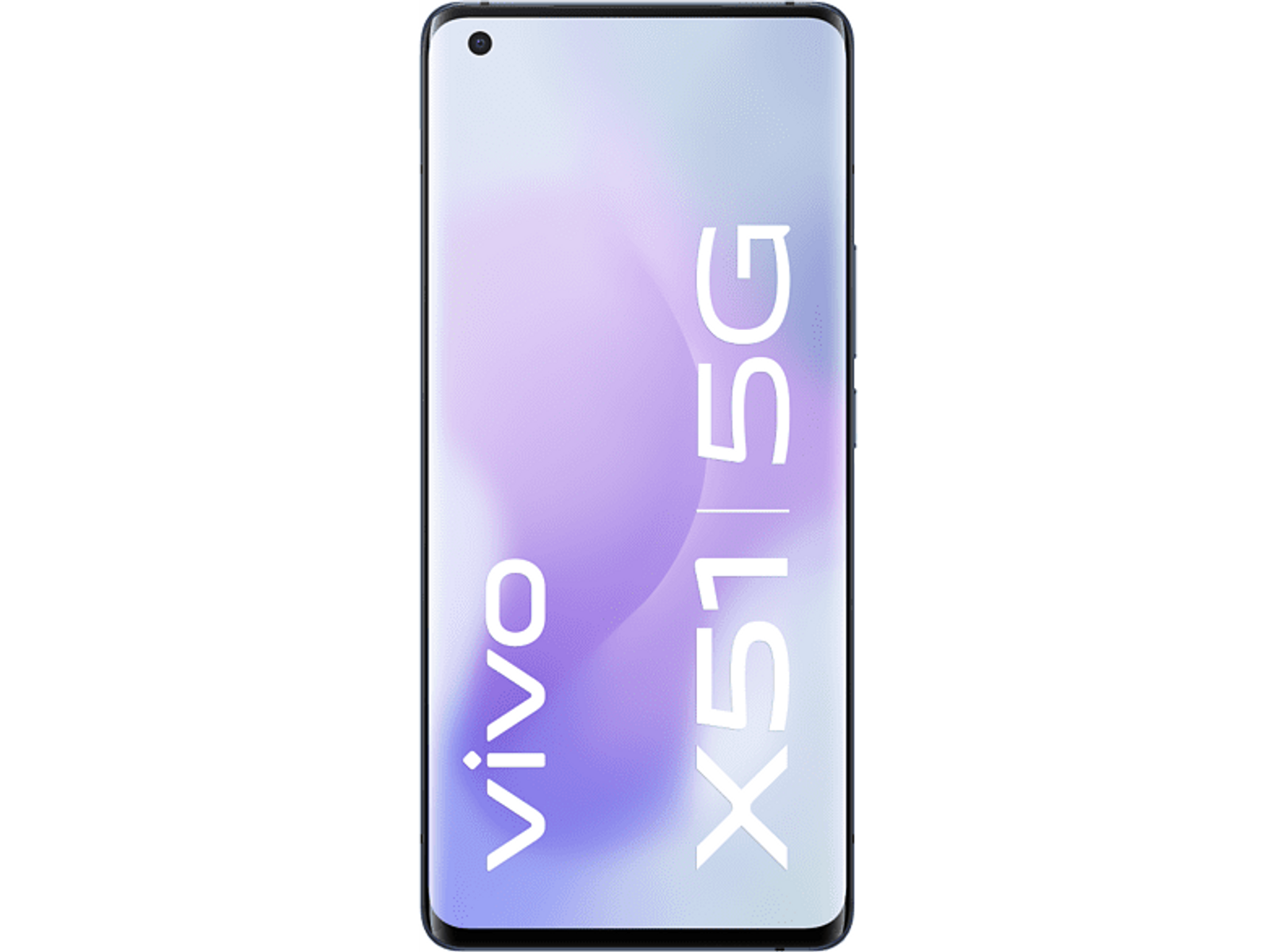 Ein Smartphone-Bildschirm zeigt das Vivo X51 5G-Logo auf lila Hintergrund.