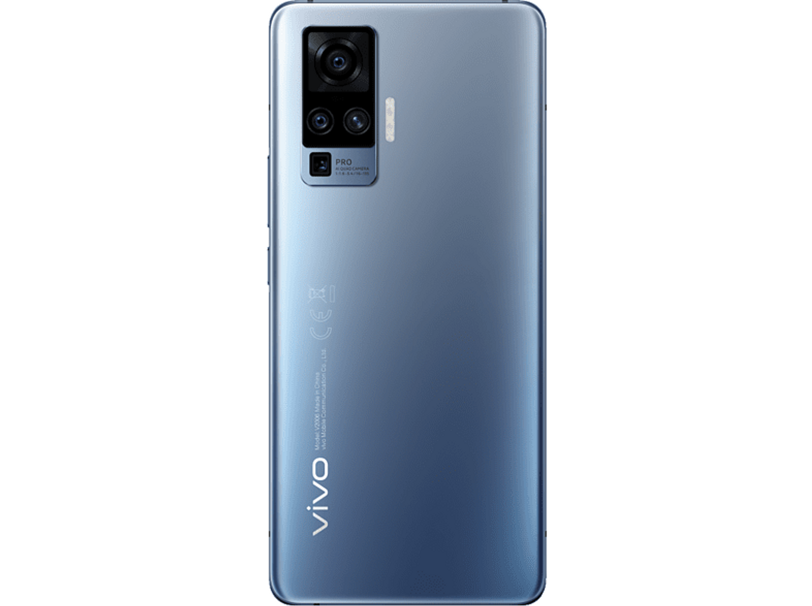 Rückseite eines blauen Vivo-Telefons mit Kamera, Objektiven und Vivo-Logo.