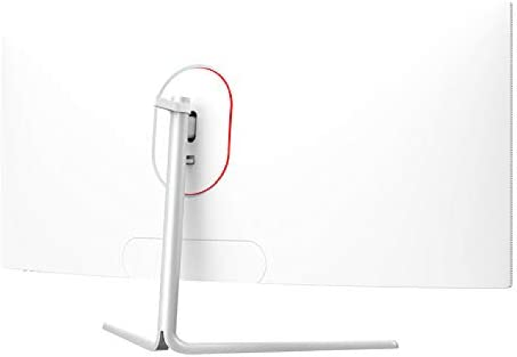 Biały monitor ze srebrną podstawą i czerwonym akcentem. Widoczny jest tył ekranu.