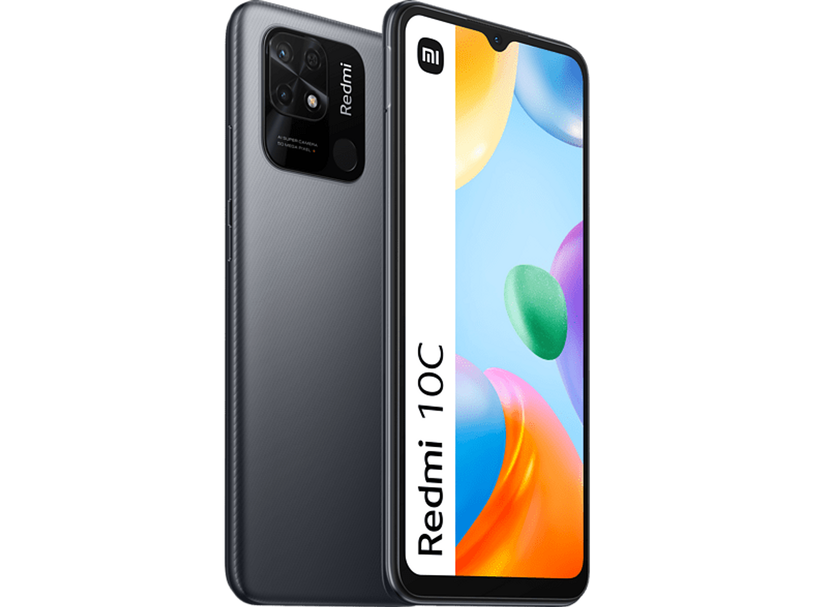 Smartphone mit grauem Rücken und Bildschirm mit farbigem Bild. Die Marke ist Redmi.