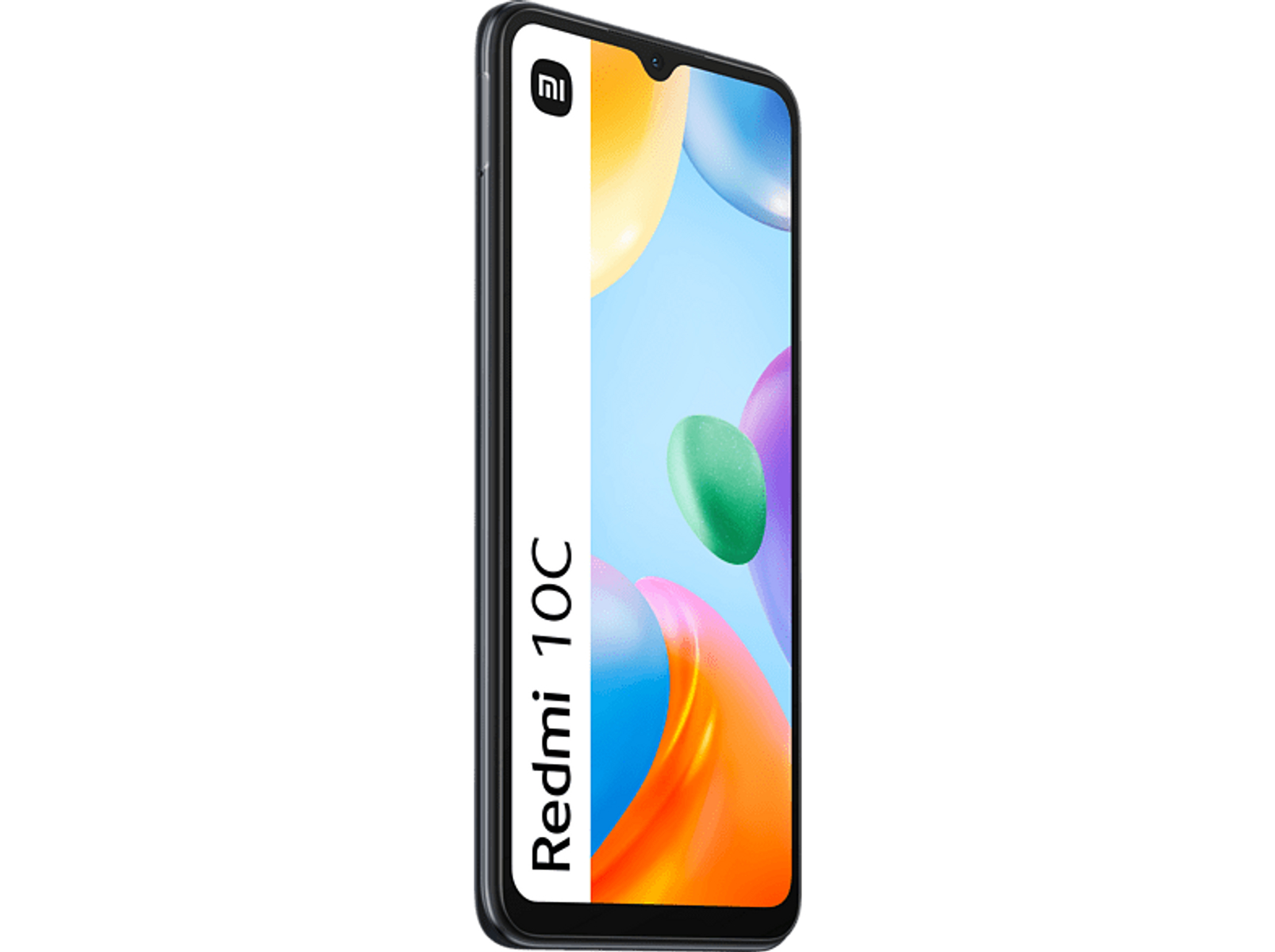Ein schwarzes Redmi 10C-Smartphone, das ein farbenfrohes abstraktes Bild auf dem Bildschirm zeigt.