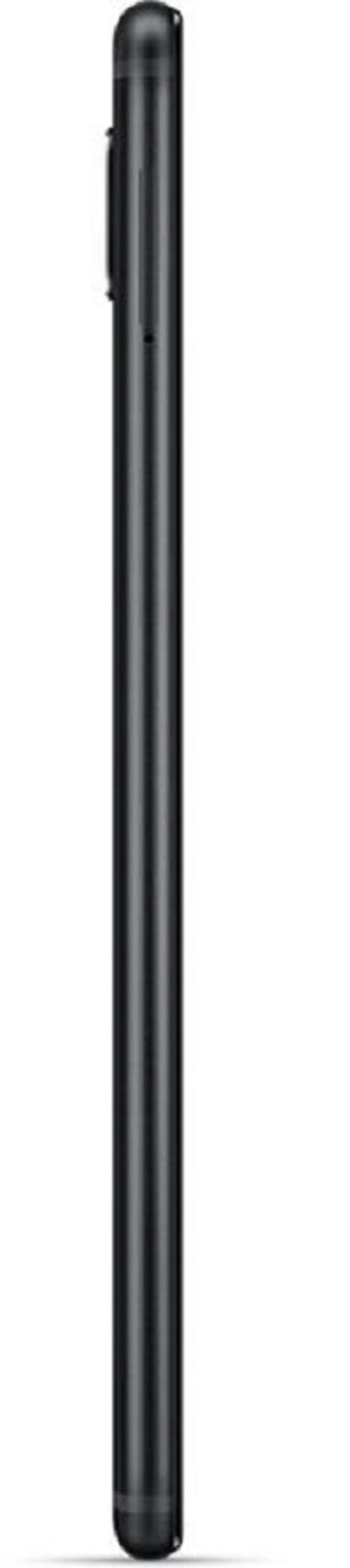 Schwarzes Smartphone. Seitenansicht. Tasten und Anschlüsse sichtbar. Weißer Hintergrund.