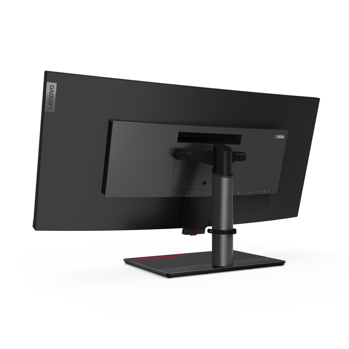 Widok z tyłu czarnego monitora Lenovo z logo ThinkVision na białym tle.