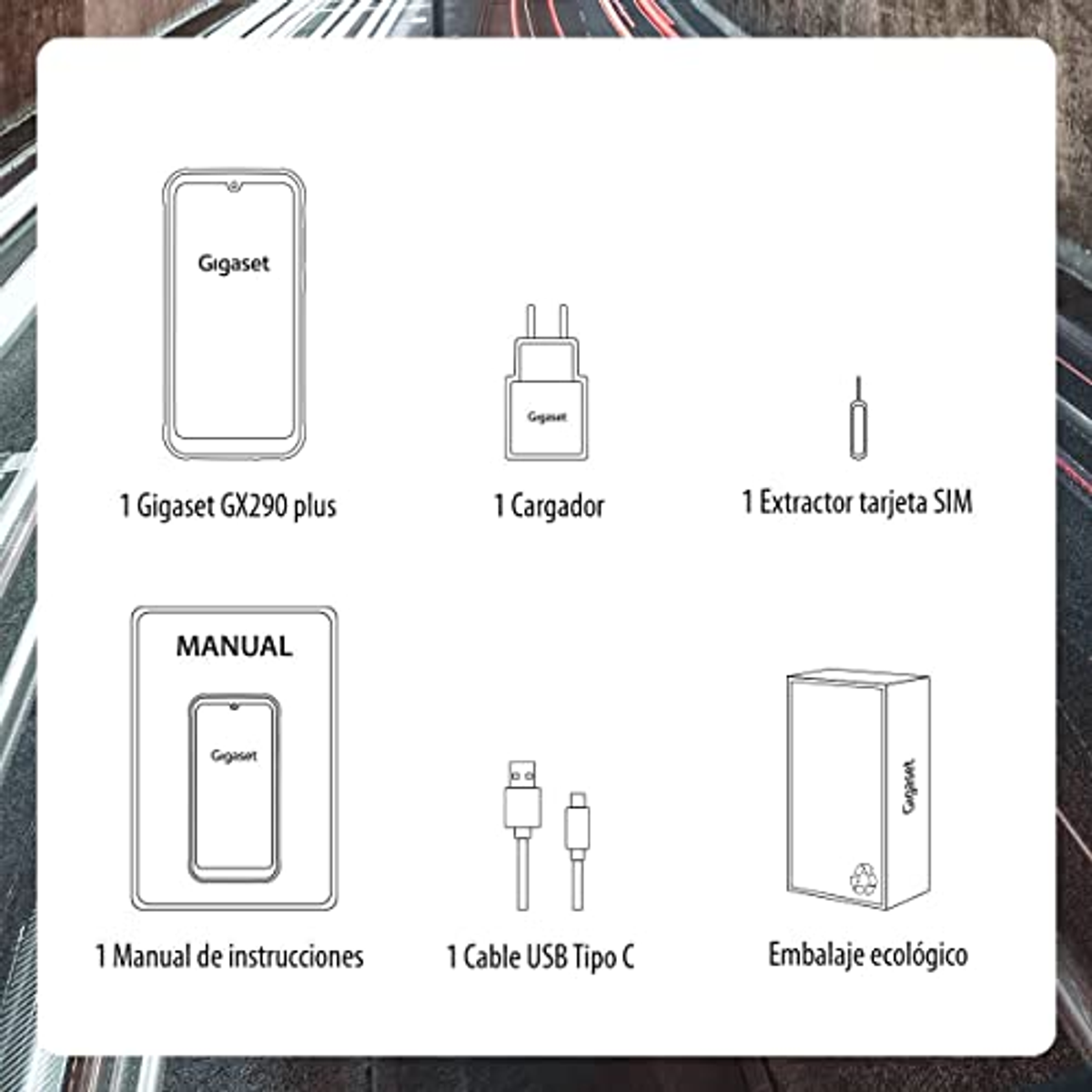 Ein Gigaset GX290 plus Telefon, Ladegerät, SIM-Karten-Extraktor, Handbuch, USB-Kabel und Verpackung sind abgebildet.