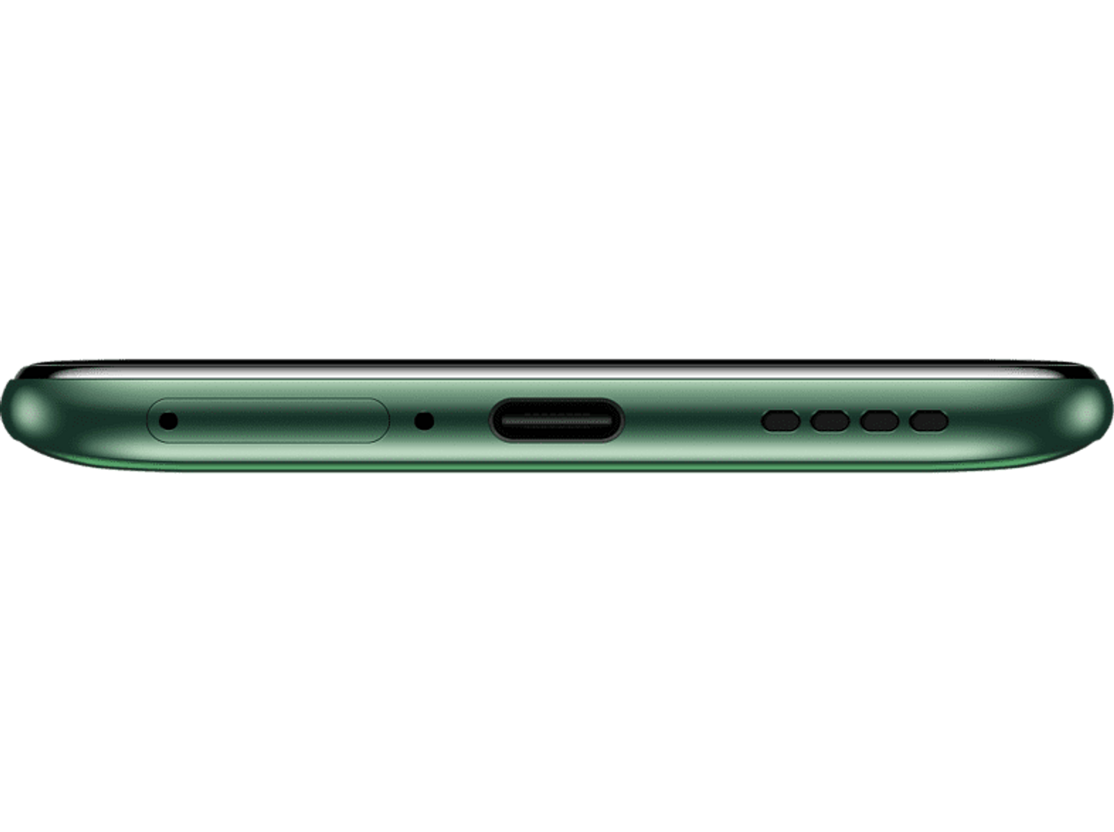 Grünes Smartphone, Unteransicht mit Ladeanschluss und anderen Anschlüssen.