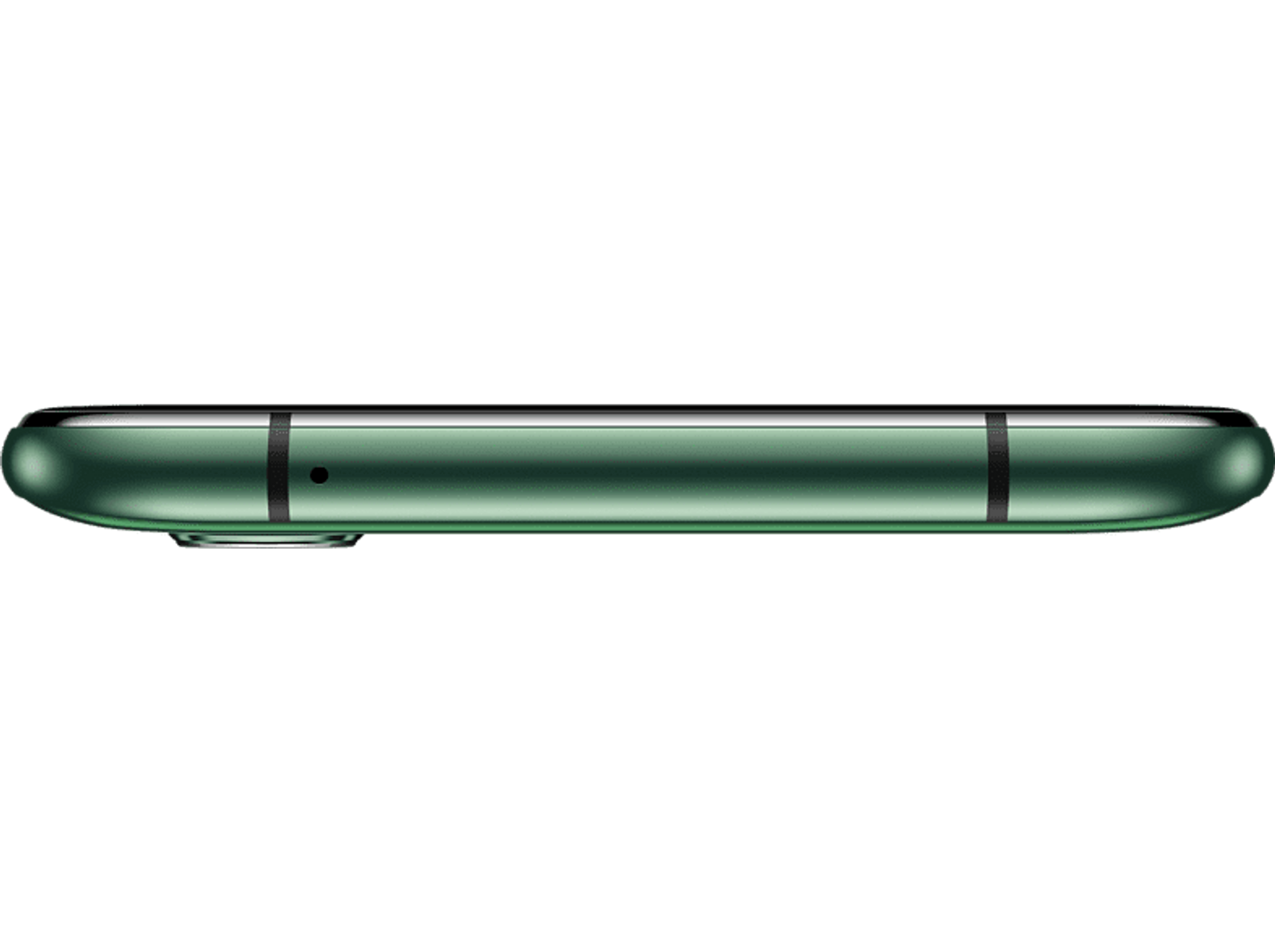 Seitenansicht eines grünen Smartphones mit Kamera und anderen Anschlüssen, schwarzer Hintergrund.