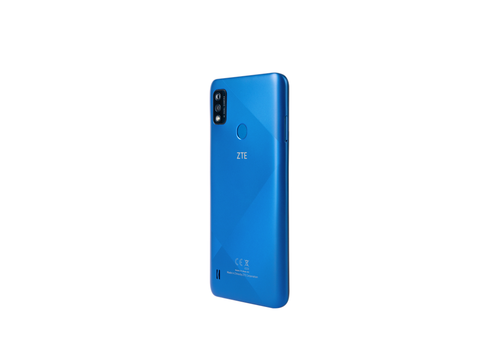 Blaues ZTE Smartphone, Rückansicht, auf schwarzem Hintergrund.