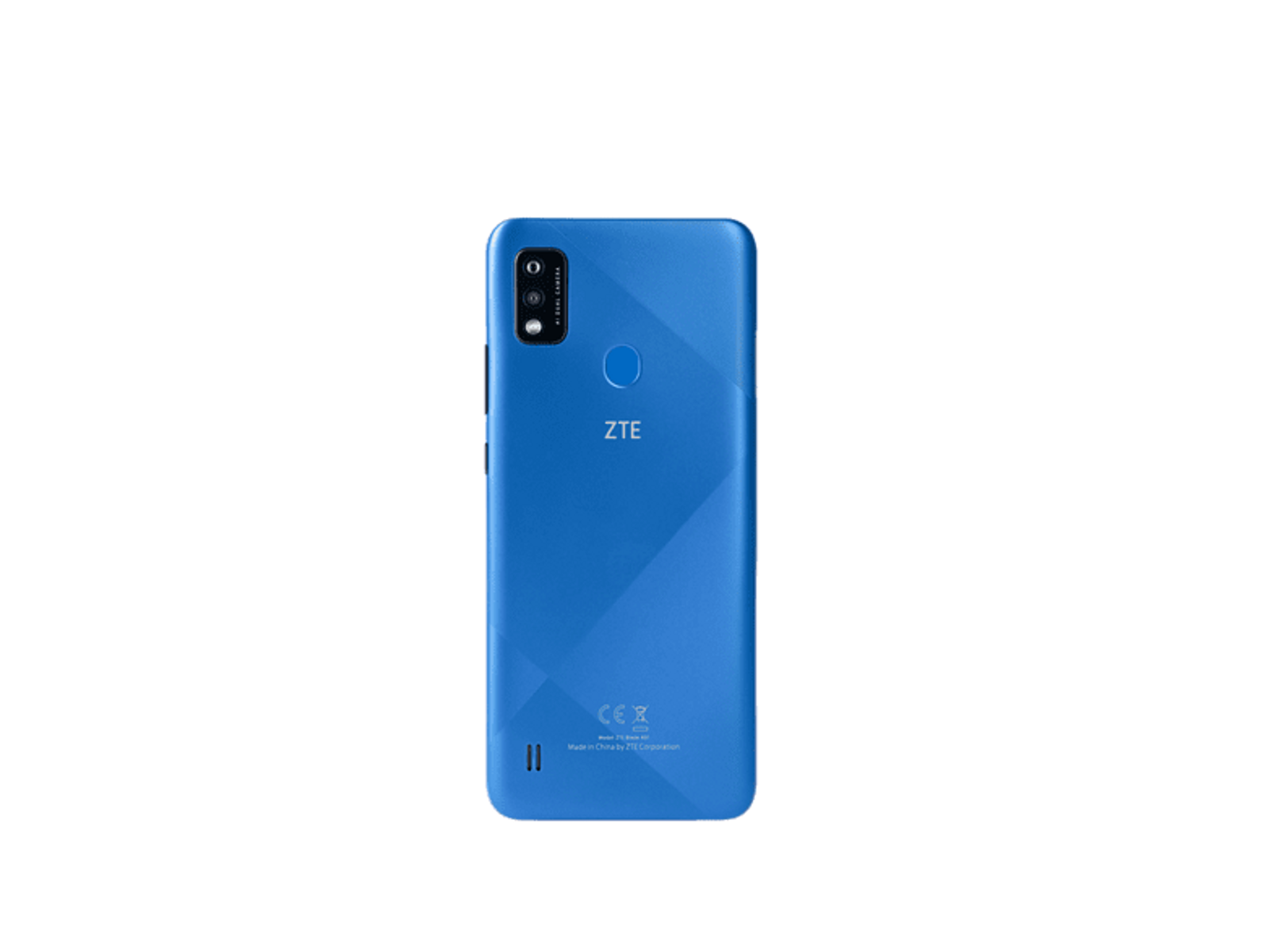Blaue Smartphone-Rückansicht. Dual-Kamera und ZTE-Logo, auf schwarzem Hintergrund.