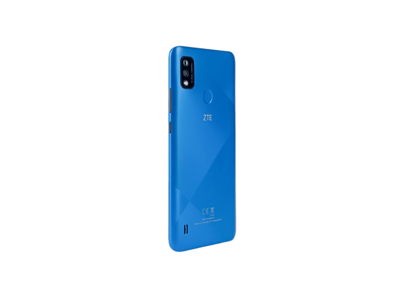 Blaues ZTE-Telefon, Rückansicht, mit Kameramodul und Markenlogo sichtbar.