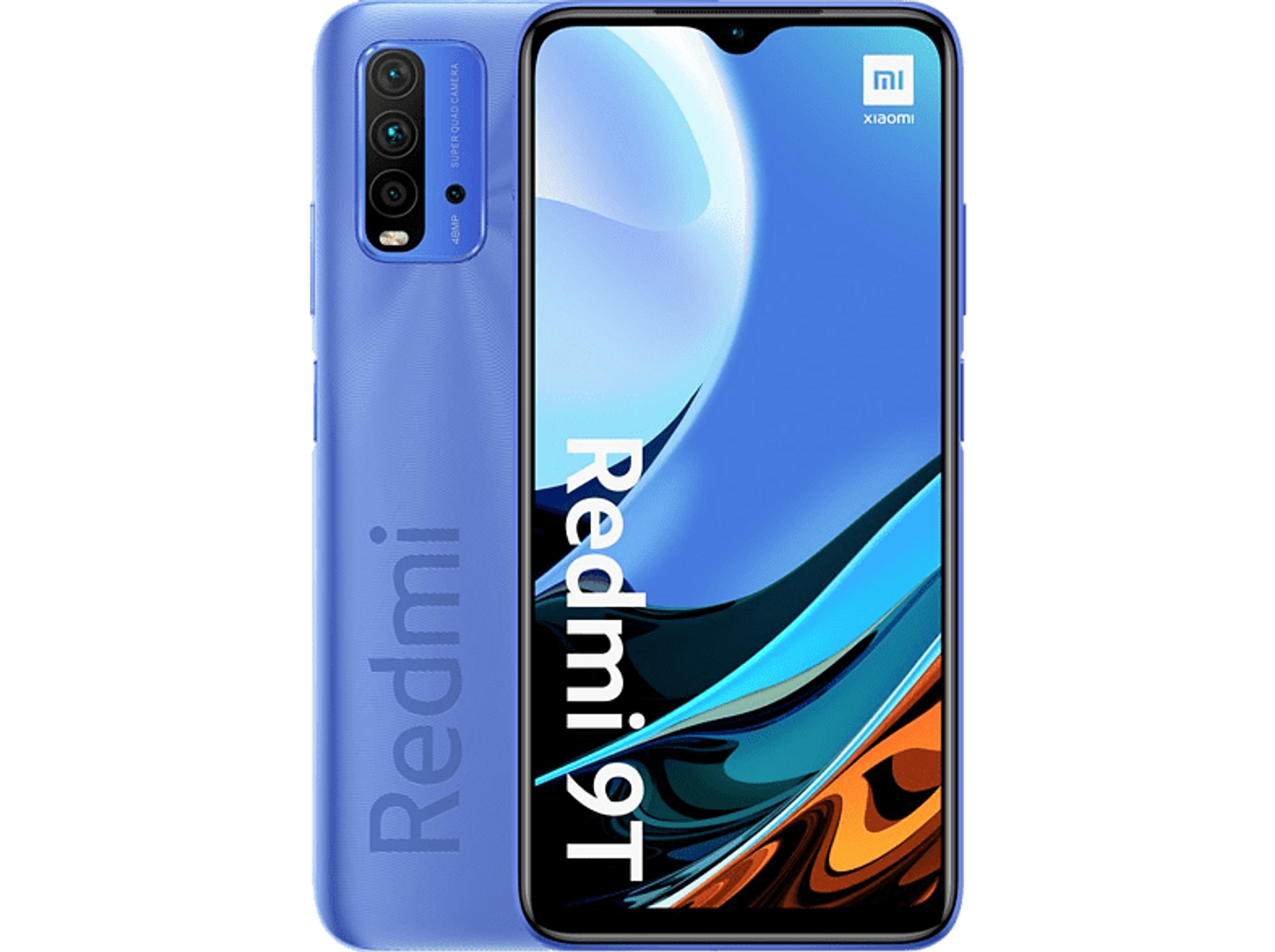 Teléfono azul Xiaomi Redmi 9T. Vista frontal muestra pantalla. Parte trasera visible.
