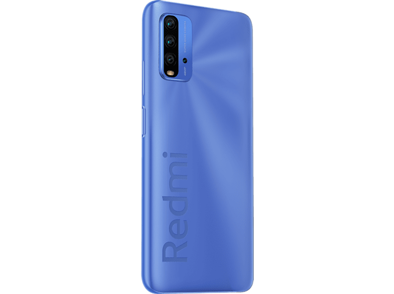Teléfono azul con tres cámaras y el logo Redmi sobre una superficie negra con gradiente.