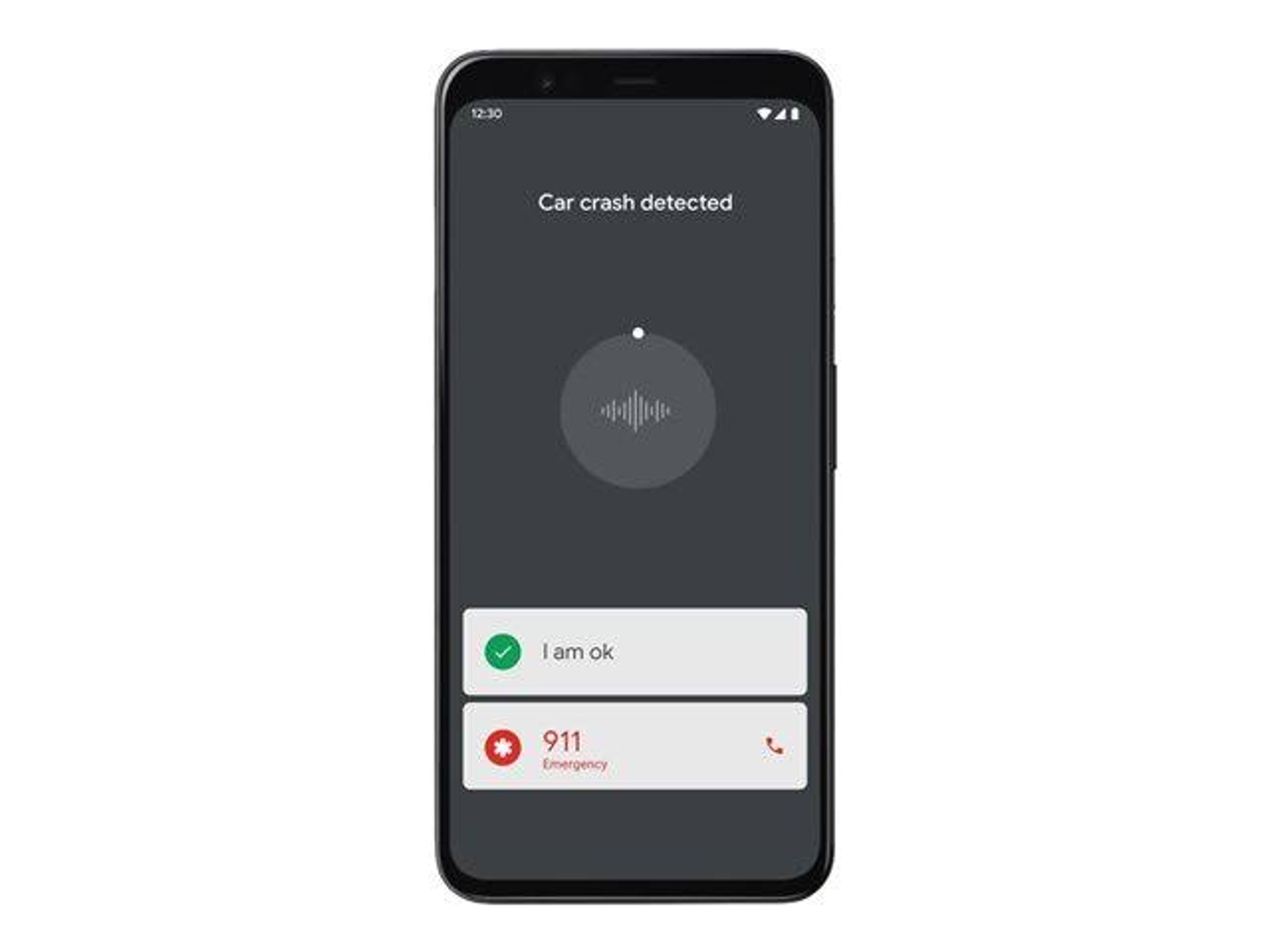 Smartfon wyświetla alert o wypadku samochodowym z opcjami potwierdzenia bezpieczeństwa lub wezwania pomocy.
