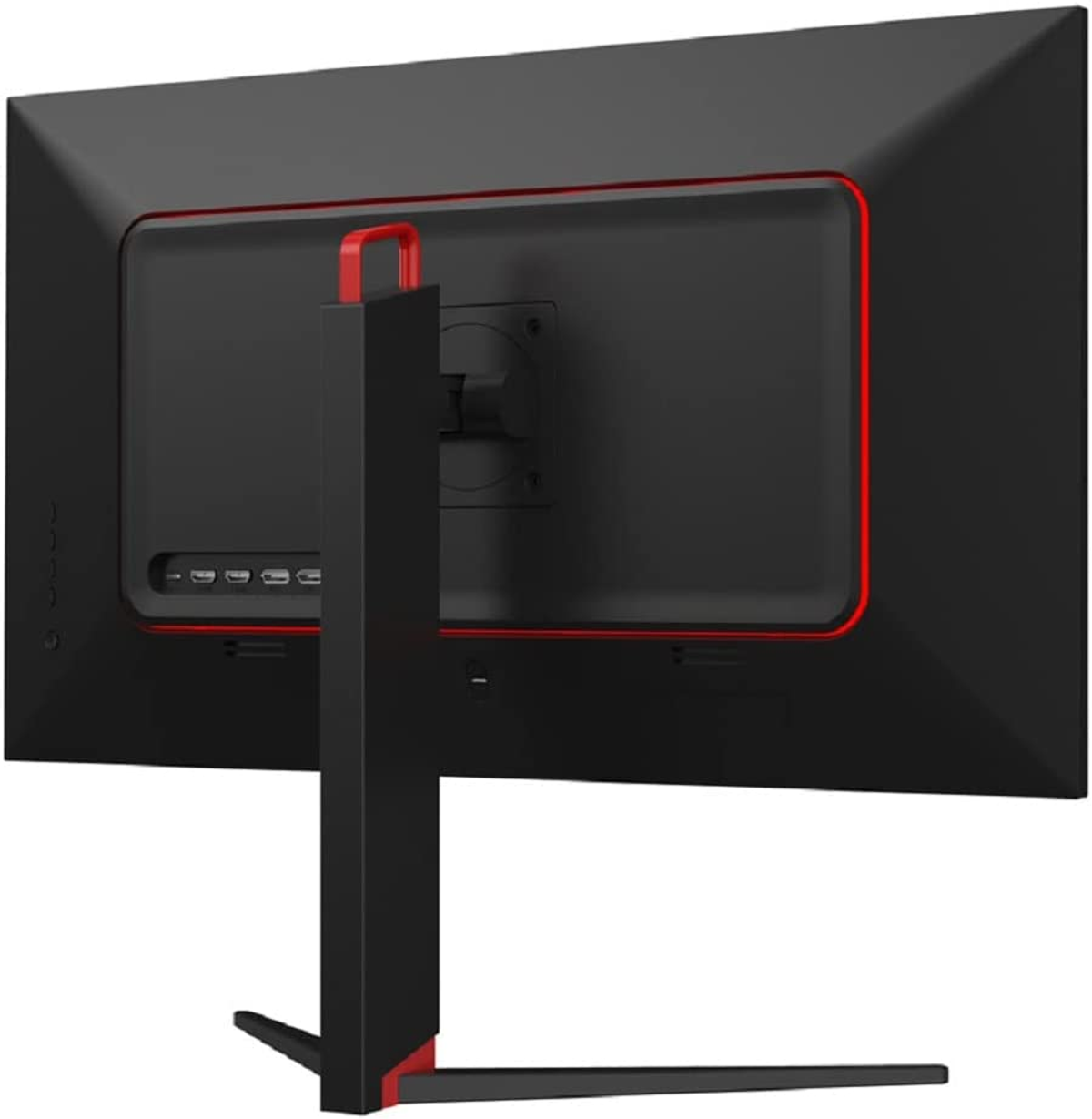 Rückansicht eines schwarzen Monitors mit roten Akzenten und Ständer auf weißem Hintergrund.