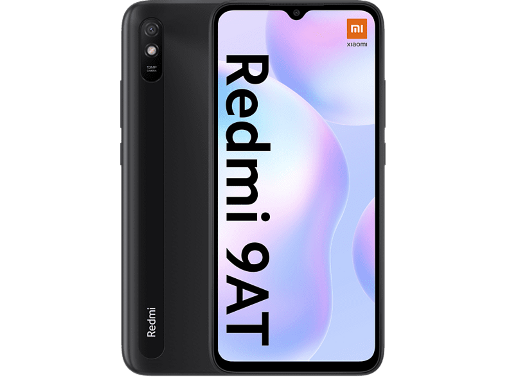 Czarny smartfon Redmi 9AT z dużym ekranem wyświetlającym tekst "Redmi 9AT".
